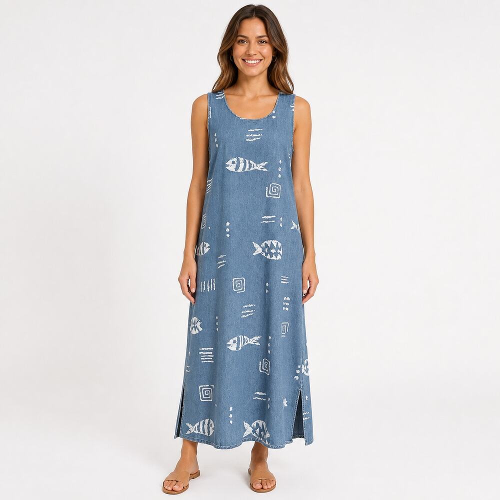 Keren Hart Vintage Women's Sleeveless Parietal Art Light Wash Denim Maxi Dress